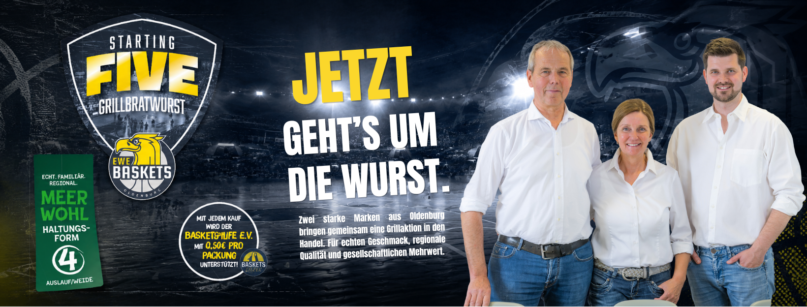 Logos von Basket und Meerpohl sowie Slogan und Bild von Familie Meerpohl
