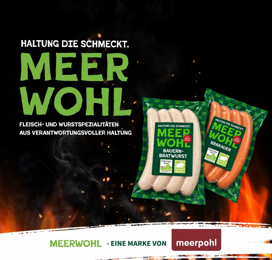 Das Bild zeigt das Logo von Meerwohl und Produkte wie Bratwurst.