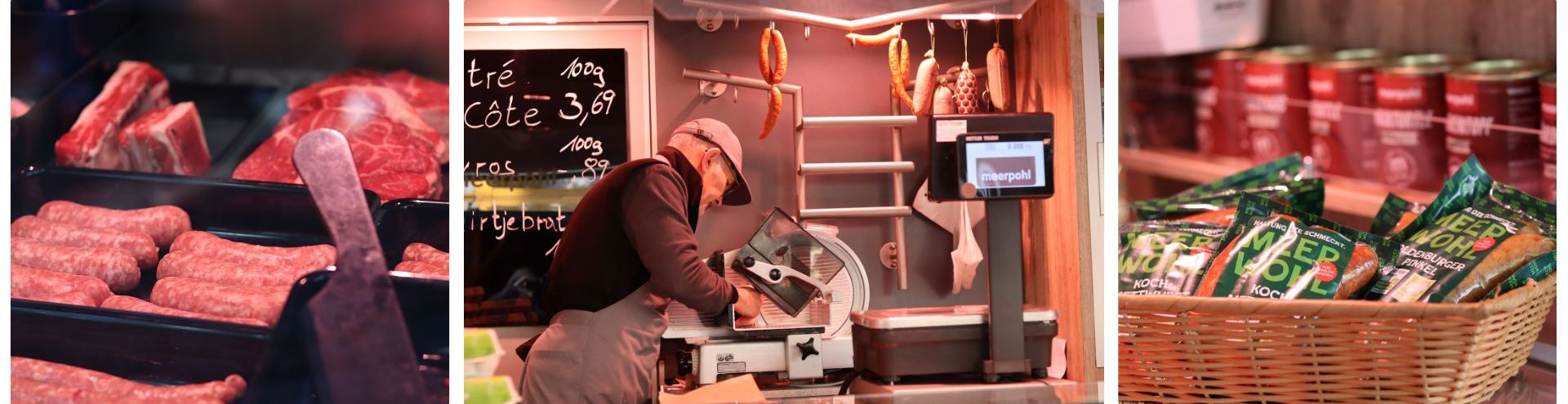 Bild zeigt Fleischprodukte und einen Mitarbeiter bei der Arbeit