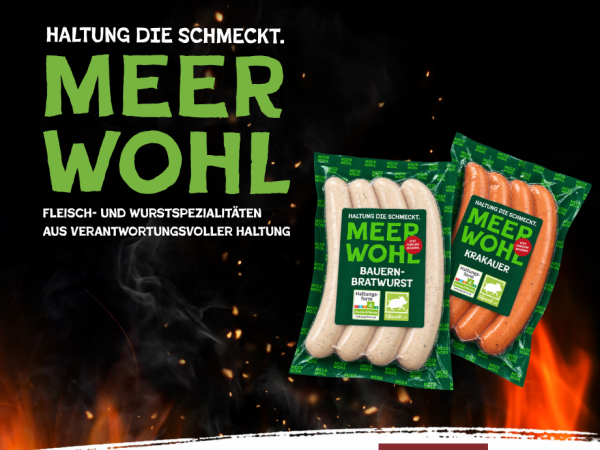 Das Bild zeigt das Logo von Meerwohl und Produkte wie Bratwurst.